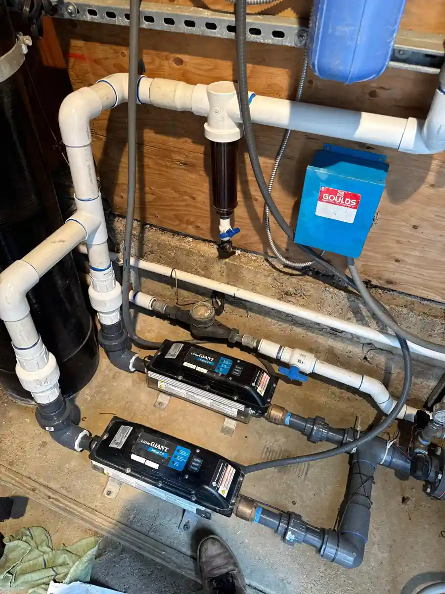 Twin UV sterilizers on a whole-house water system installed by Simeone Plumbing